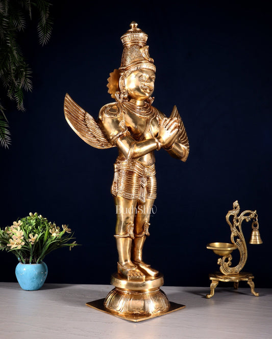 Brass Standing Garuda Dev Statue - Golden Finish, 22" Tall, 11 kg - Budhshiv.com