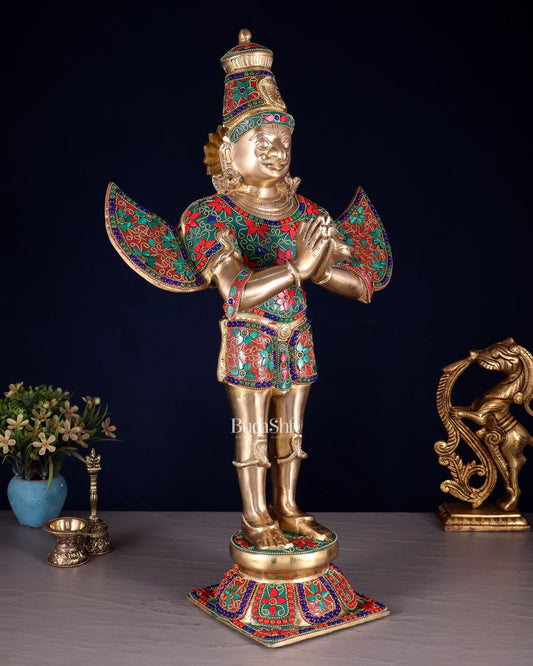 Brass standing Garuda Statue with Meenakari , 22" Tall - Budhshiv.com