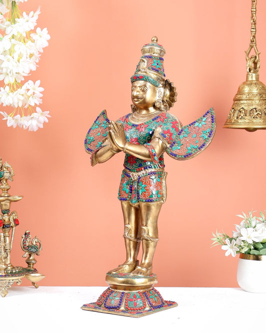 Brass standing Garuda Statue with Meenakari , 22" Tall - Budhshiv.com