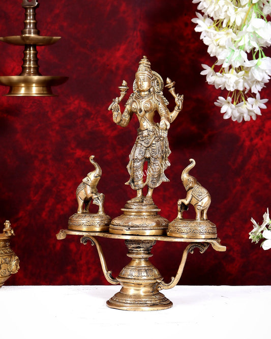 Brass standing Goddess Lakshmi with Two Elephants — Gajalakshmi Masterpiece 14.5 inch - Budhshiv.com