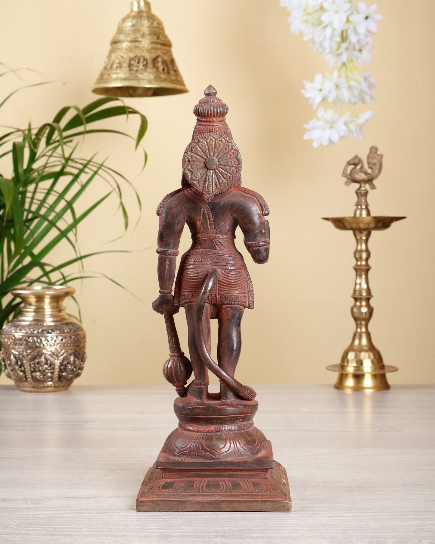 Brass Standing Hanuman Statue – Red & Silver Sand Finish | 12 Inch Idol - Budhshiv.com