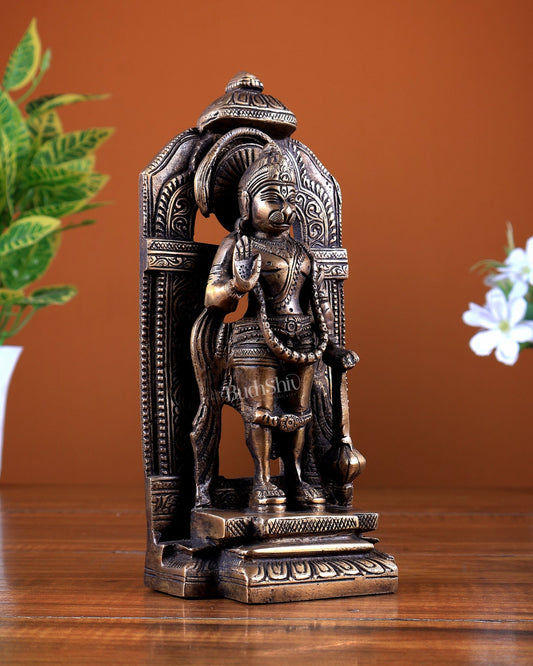 Brass Standing Hanuman Statue with Temple Frame & Chattar 9 inch - Budhshiv.com