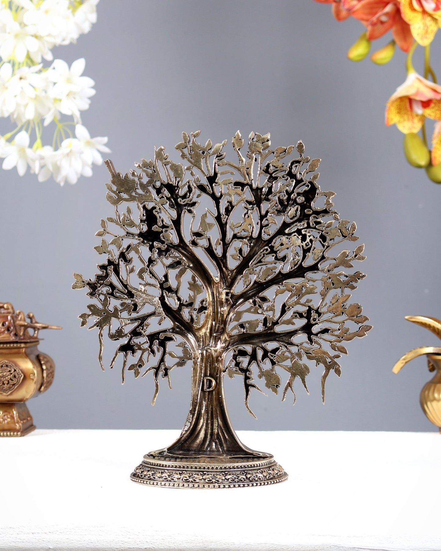 Brass Standing Kalpavriksha Tree – Superfine Carved Divine Sculpture (9 Inches) - Budhshiv.com