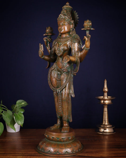 Brass Standing Lakshmi Statue – 24.5” chola bronze layer - Budhshiv.com