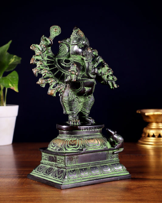 Brass Standing Lord Ganesha Idol with 16 Arms - 8.5 Inch black and green - Budhshiv.com