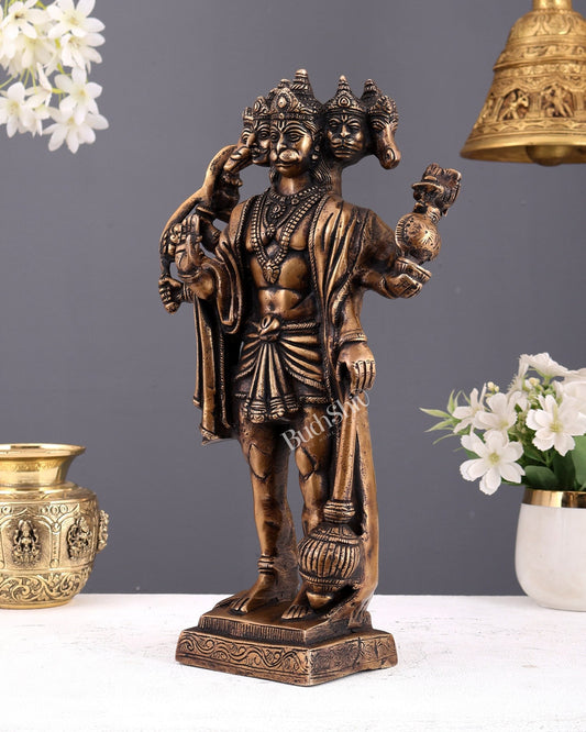Brass Standing Panchmukhi Hanuman idol 14" vintage tone - Budhshiv.com