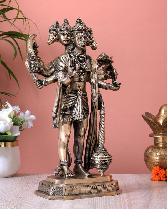 Brass Standing Panchmukhi Hanuman Statue – Antique Finish Superfine Idol (14 Inch) - Budhshiv.com