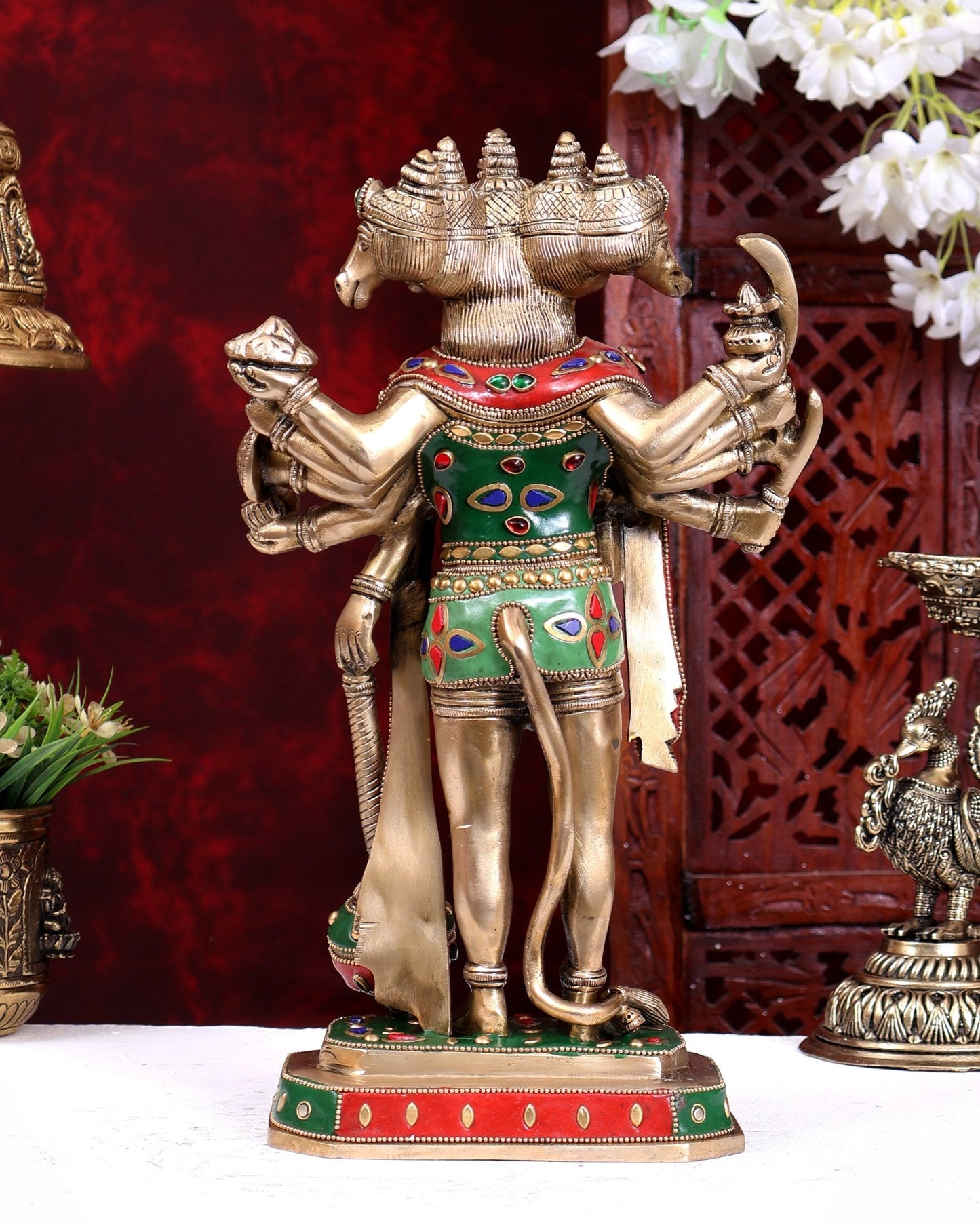 Brass Standing Panchmukhi Hanuman Statue – Superfine Handcrafted Idol (14 Inch) with stonework - Budhshiv.com