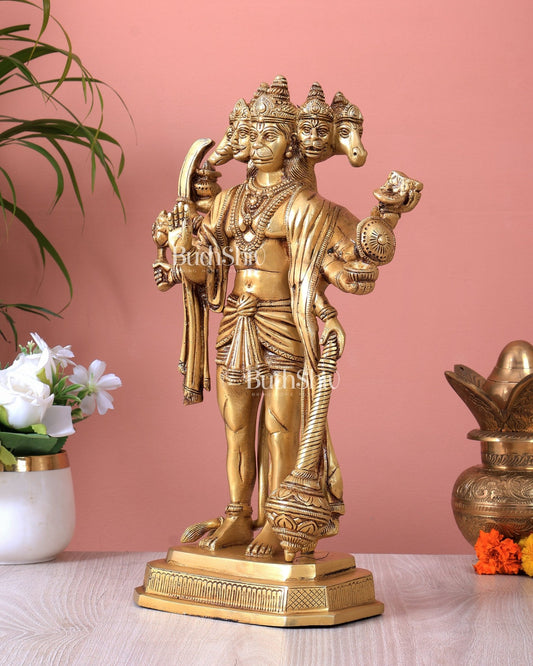 Brass Standing Panchmukhi Hanuman Statue – Superfine Handcrafted Idol (14 Inch) - Budhshiv.com