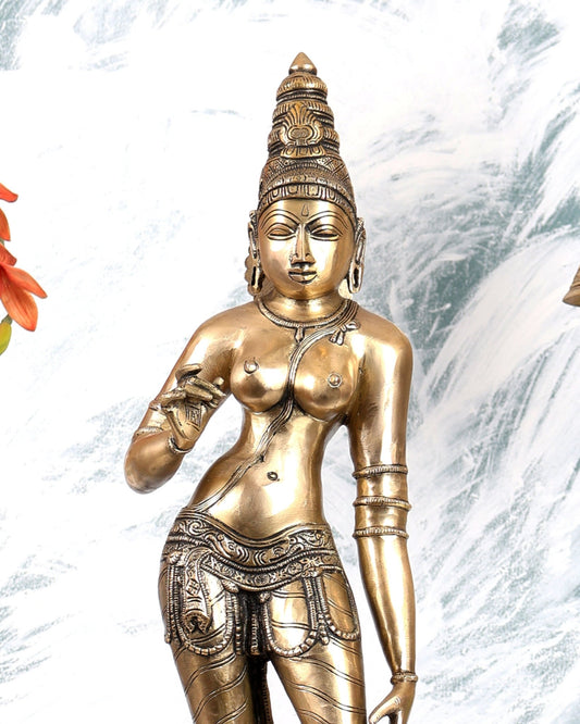 Brass Standing Parvati Sivagami Bhoga Shakti Idol – timeless Chola inspired Statue 23" - Budhshiv.com