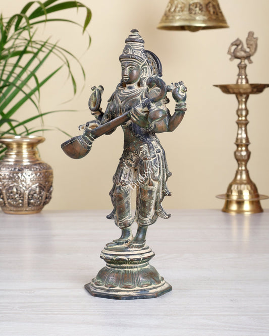 Brass Standing Saraswati Idol 10" vintage finish - Budhshiv.com