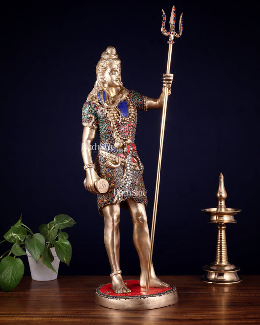 Brass Standing Shiva Statue – meenakari Stonework | 26" - Budhshiv.com
