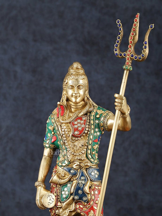 Brass Standing Shiva Statue with Damru and Trishul – 18" Height, Meenakari Stonework - Budhshiv.com