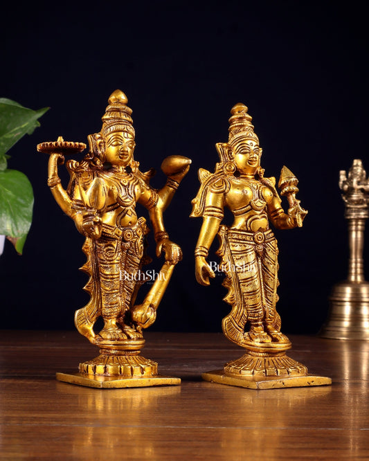 Brass Standing Vishnu and Lakshmi Idols 6 inch - Budhshiv.com