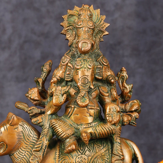Brass Statue of Panchmukhi Heramba Ganesha - 9" Antique Bronze Finish - Budhshiv.com