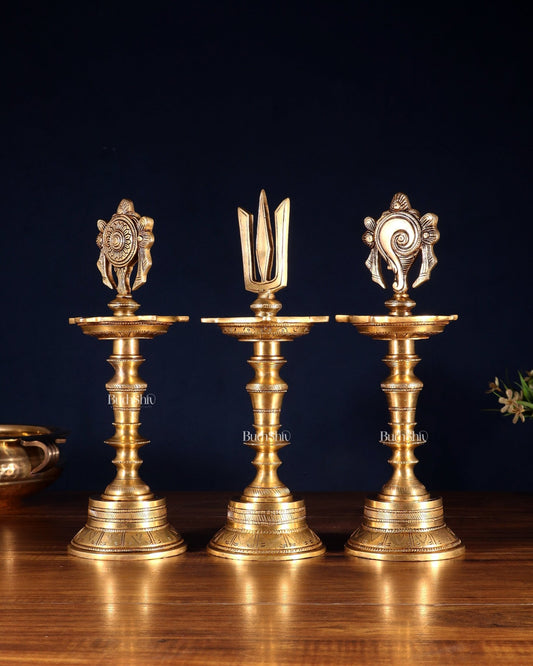 Brass Superfine 12 - Inch Shankh, Chakra, Naama Oil Lamp Vilakku Diya - Budhshiv.com