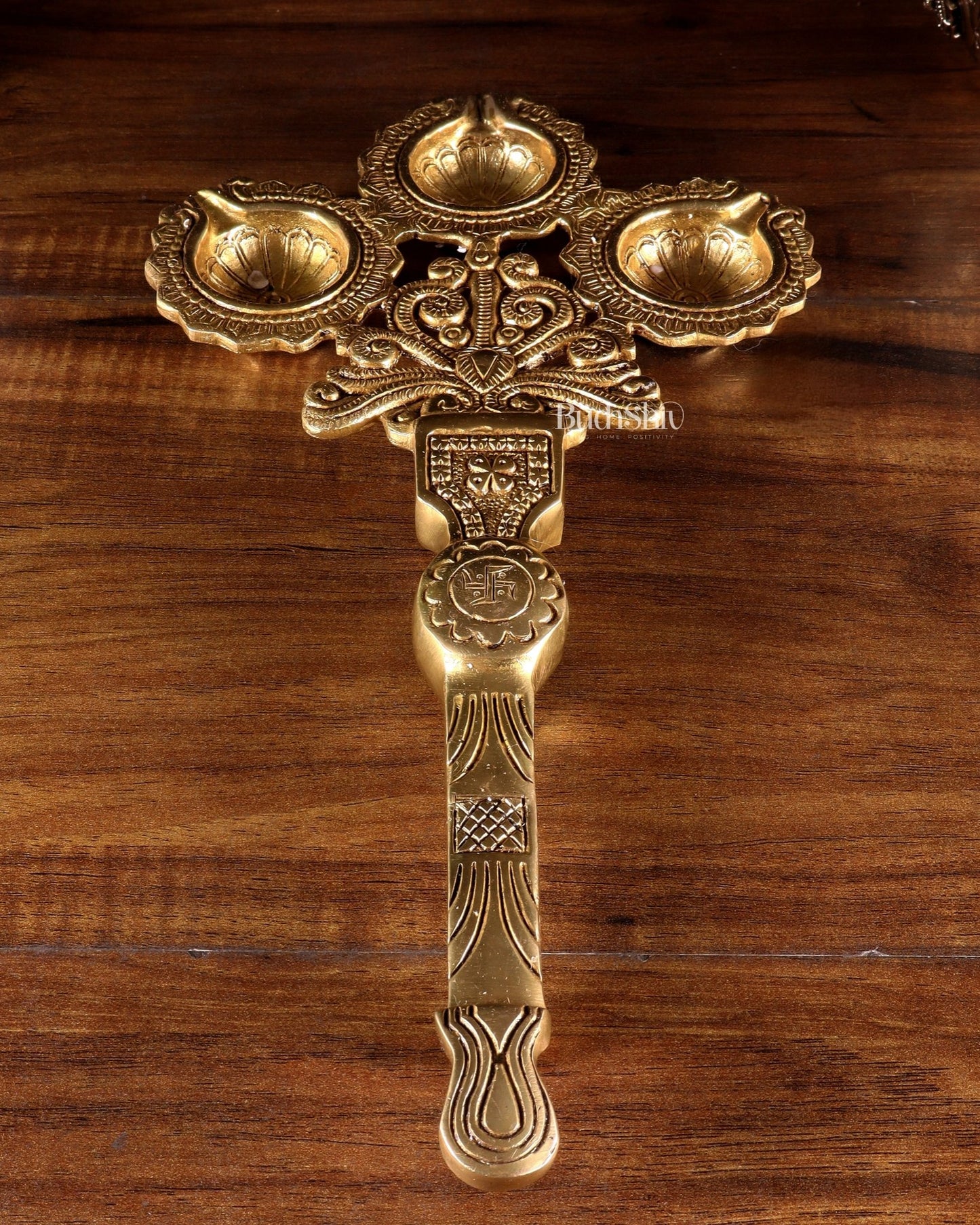 Brass Superfine aarti Triple Diya with Handle - Budhshiv.com