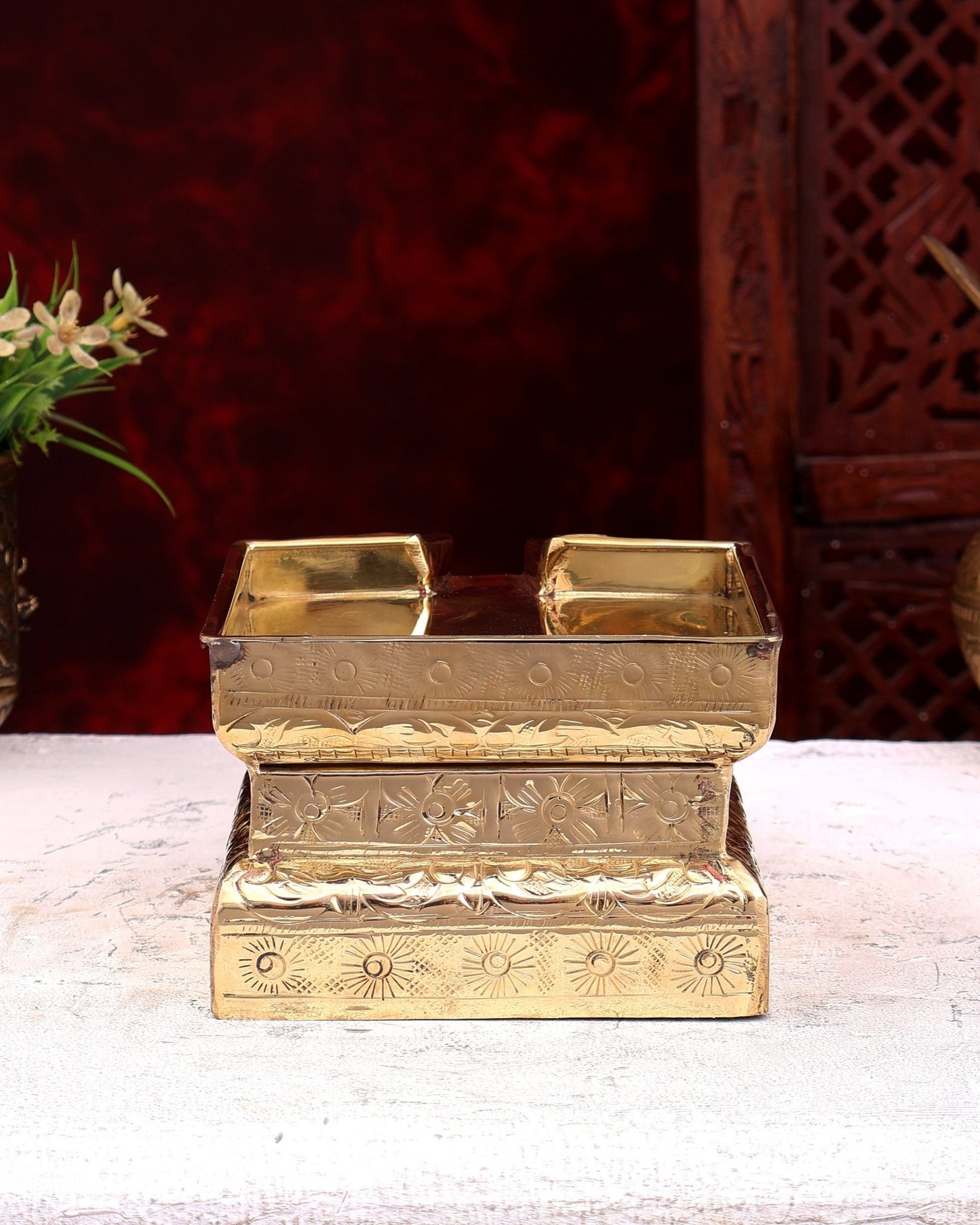Brass Superfine Abhishekh Patra | Daily Ritual Vessel with Idol Platform | Pure Brass Pooja Accessory 5.25 inch - Budhshiv.com
