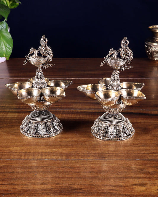 Brass Superfine Annam Lakshmi Peacock Panchdeep Diya | Single & Pair Options - Budhshiv.com