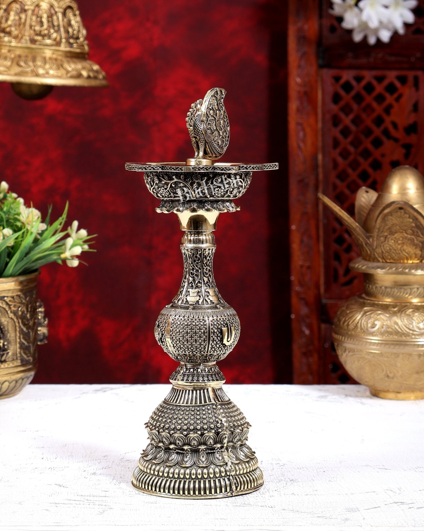 Brass Superfine Annam Pakshi Oil Lamp | Shankh Chakra Namah & Kalash Carvings 10 inch - Budhshiv.com