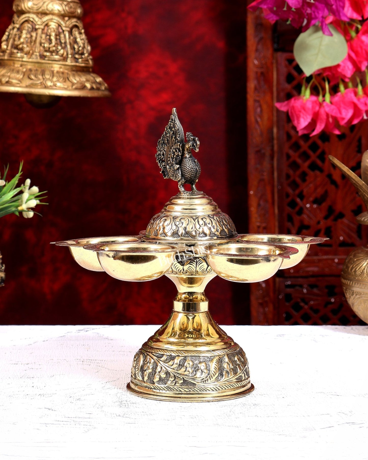 Brass Superfine Annam Pakshi Panchdeep Diya | Five Lamp Oil Lamp 7.5 inch - Budhshiv.com
