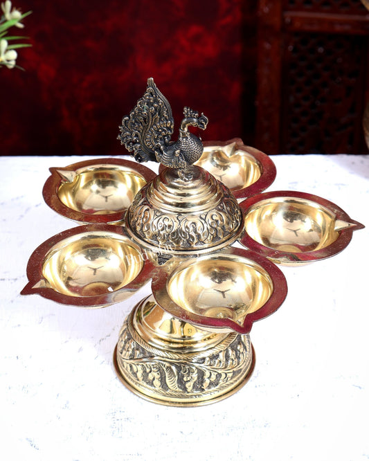 Brass Superfine Annam Pakshi Panchdeep Diya | Five Lamp Oil Lamp 7.5 inch - Budhshiv.com