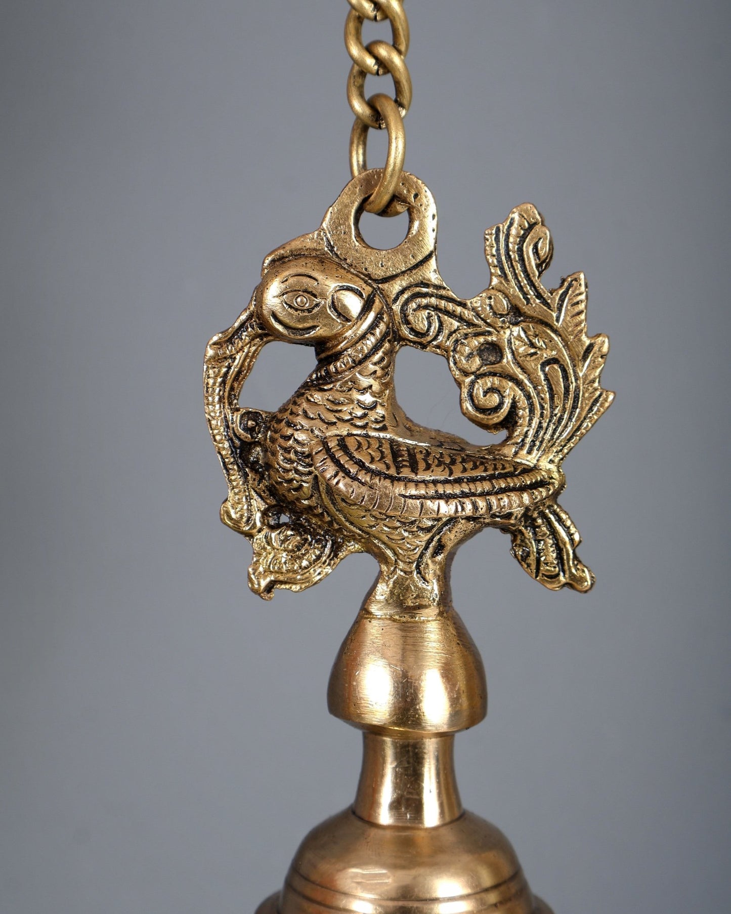 Brass Superfine Annam Pakshi Peacock Hanging Bell with Chain – Carved Temple Décor 6 Inch - Budhshiv.com