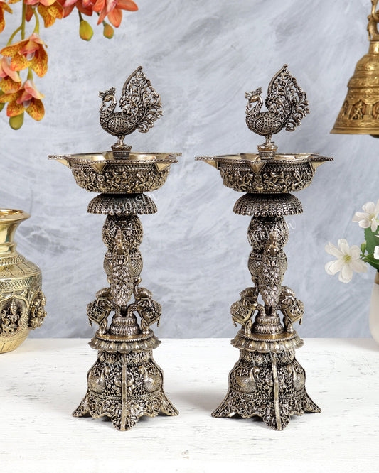 Brass Superfine Annam Pakshi Samai Diya – Elephant & Peacock Carvings Traditional Lamp (12 Inches) pair - Budhshiv.com