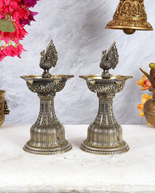 Brass Superfine Annam Pakshi Samp Oil Lamp Diya Pair – Traditional South Indian Deepam Set 9.5 inch - Budhshiv.com