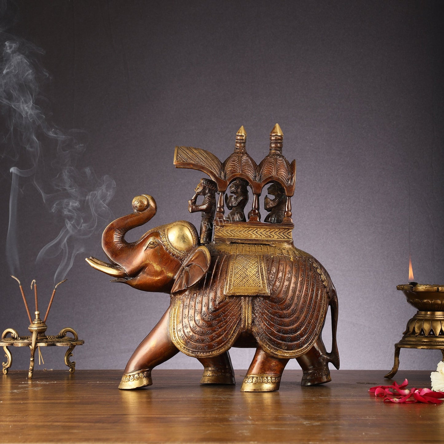 Brass Superfine Antique Brown Ambari Elephant with trunk up statue 12" - Budhshiv.com