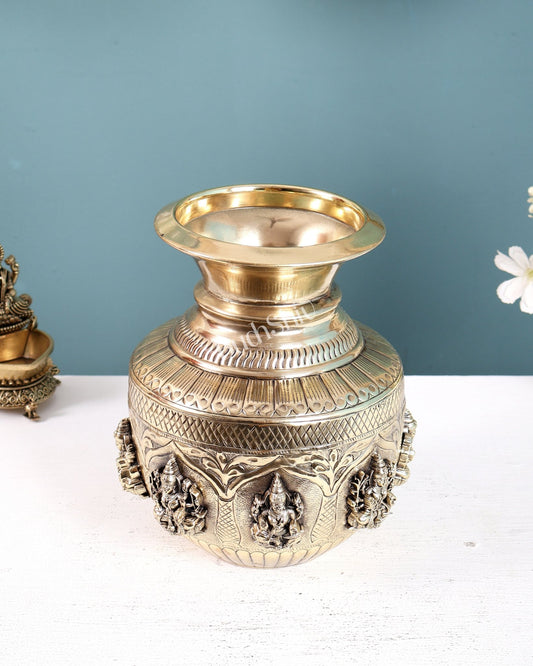 Brass Superfine Ashtalakshmi Kalash with 3D Carvings – 7.5 Inch Sacred Decor - Budhshiv.com
