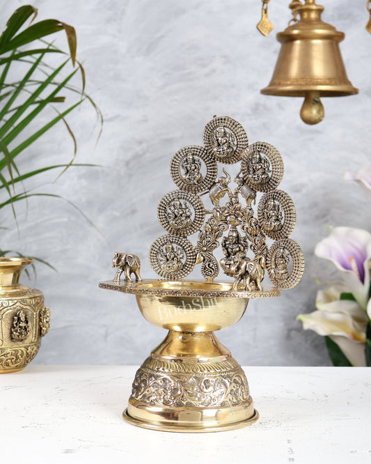 Brass Superfine Ashtalakshmi Kamatchi Vilakku – Intricately Handcrafted Oil Lamp (9.5 Inches) - Budhshiv.com