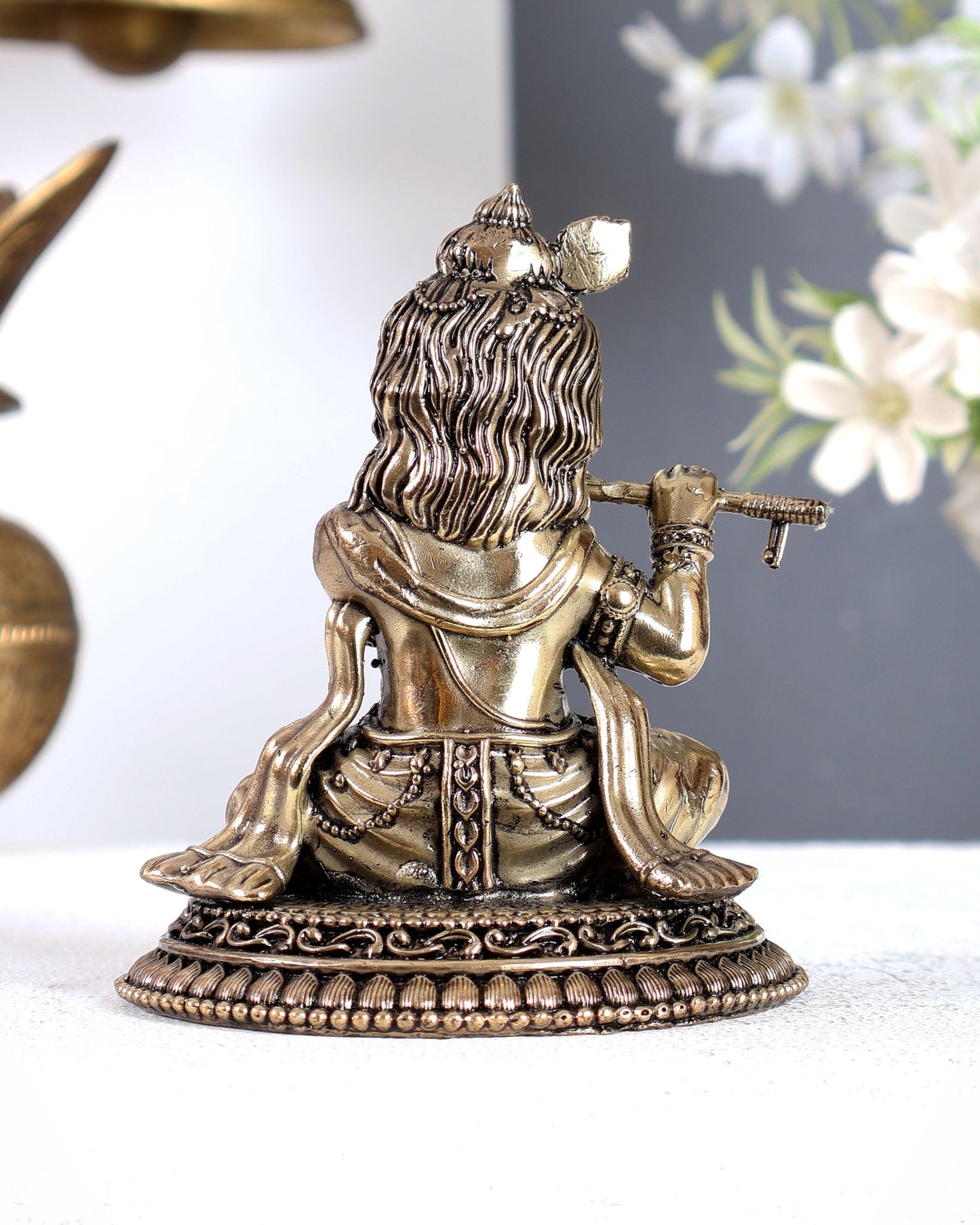 Brass Superfine Baby Krishna Sitting Playing Flute Idol – Handcrafted Smiling Bal Gopal Statue 5 inch - Budhshiv.com