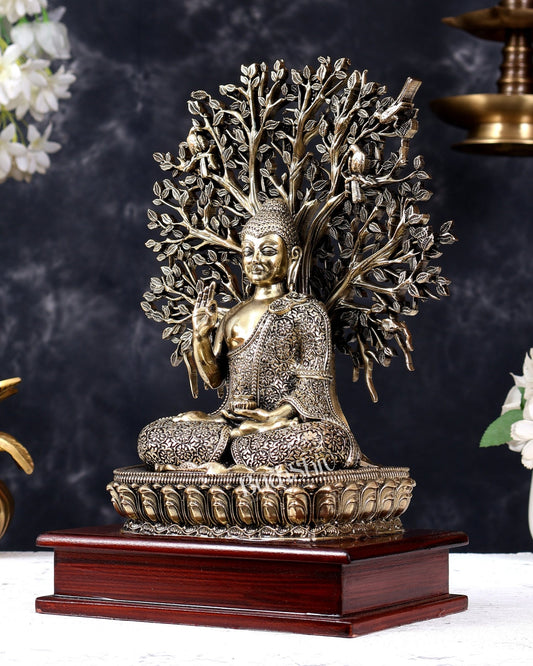 Brass Superfine Buddha with Bodhi Tree on Wooden Base 11 inch - Budhshiv.com