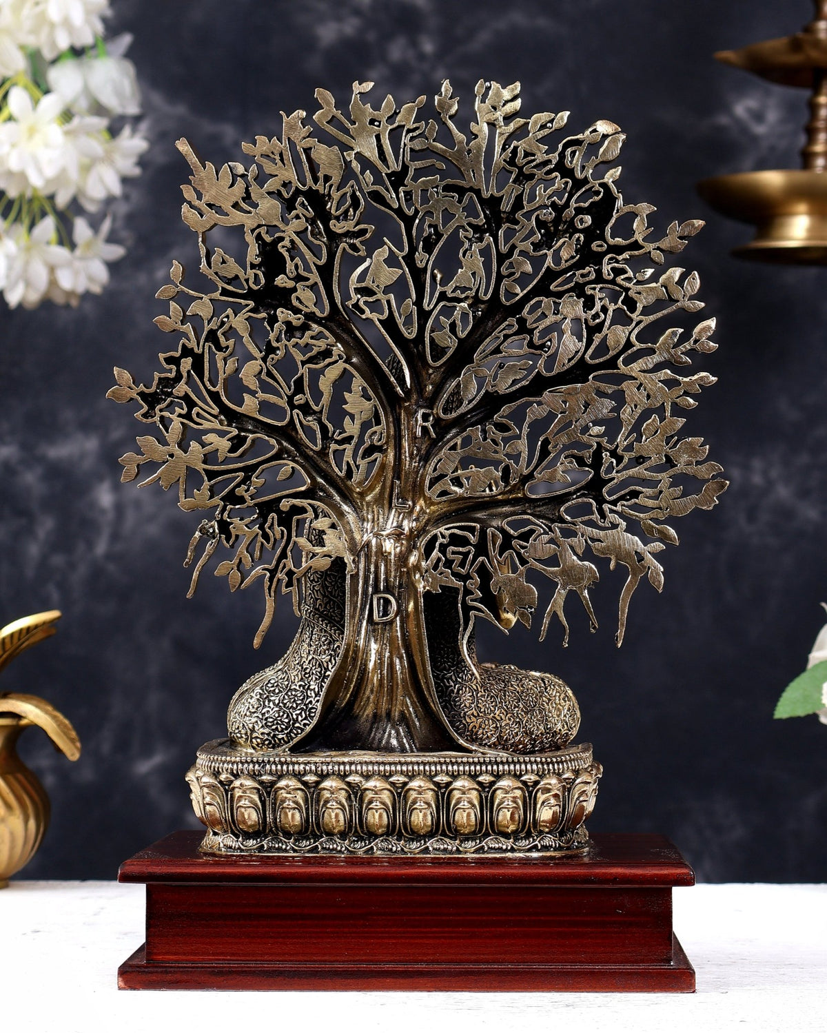 Brass Superfine Buddha with Bodhi Tree on Wooden Base 11 inch - Budhshiv.com