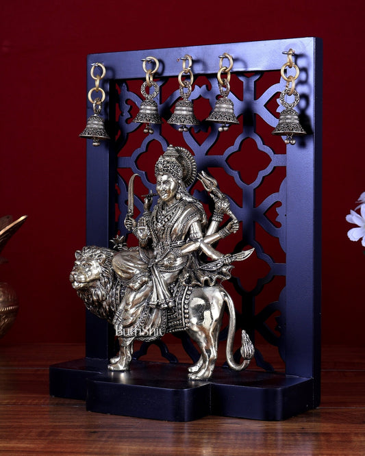 Brass Superfine Durga Mata Idol with Hanging Bells – MDF Temple Frame Panel 12 inch - Budhshiv.com