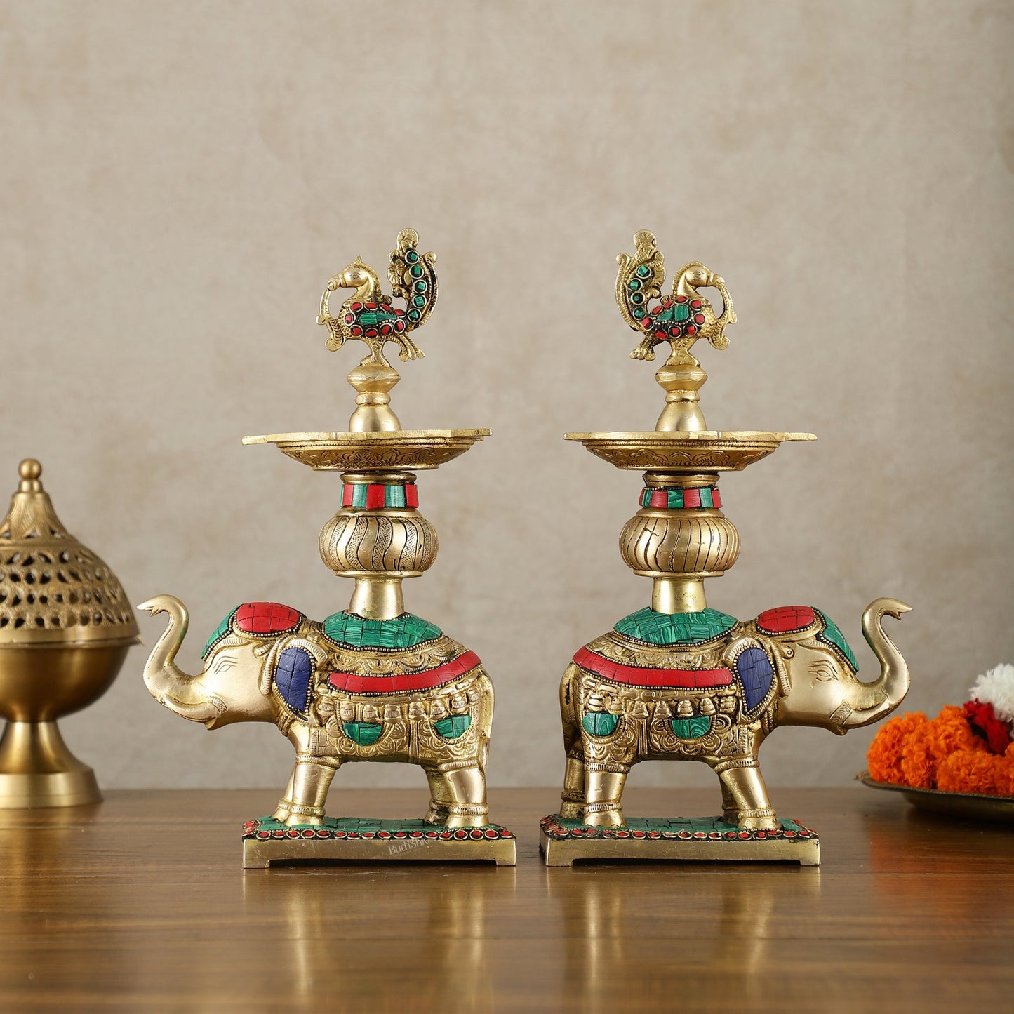 Brass Superfine Elephants pair with peacock lamps 11" meenakari - Budhshiv.com