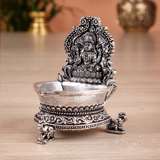 Brass Superfine Gajalakshmi Kamatchi Vilakku – Silver Plated Oil Lamp Diya (2.7 Inches) - Budhshiv.com