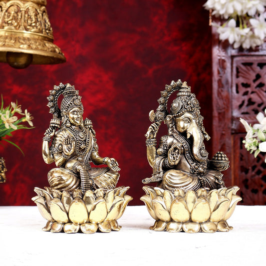 Brass Superfine Ganesh Lakshmi Idols Cross-Legged on Lotus Base 5 inch - Budhshiv.com