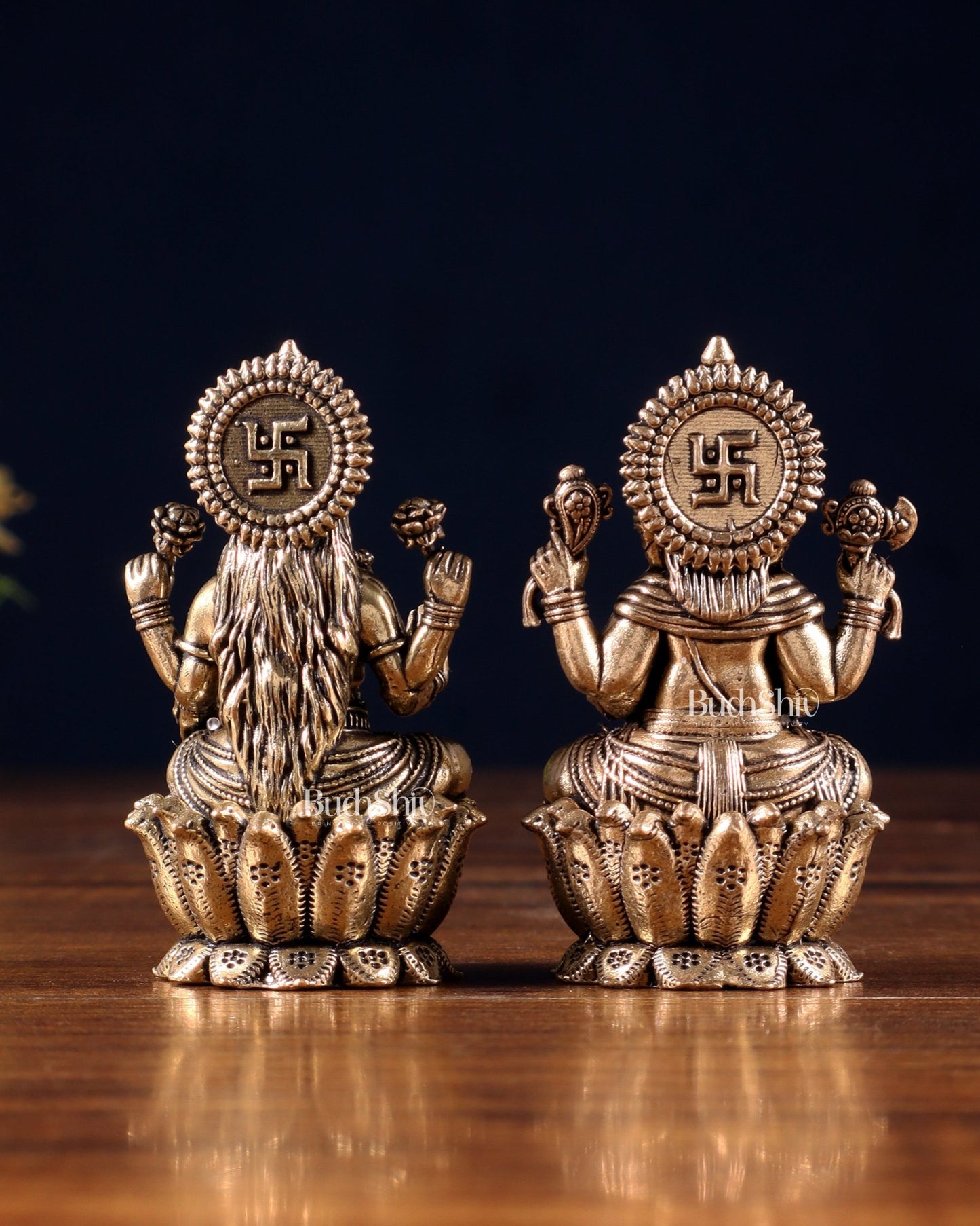 Brass Superfine Ganesh–Lakshmi on Lotus Idol Pair – Miniature (2.5 Inch) - Budhshiv.com