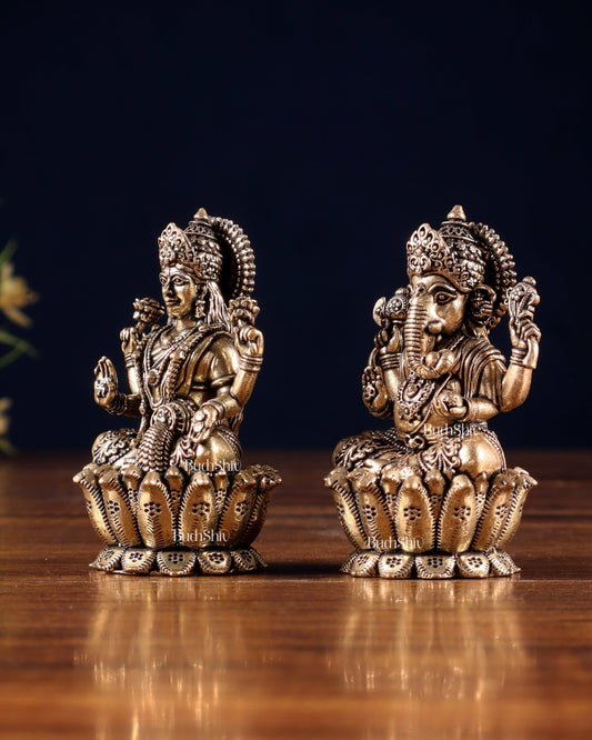 Brass Superfine Ganesh–Lakshmi on Lotus Idol Pair – Miniature (2.5 Inch) - Budhshiv.com