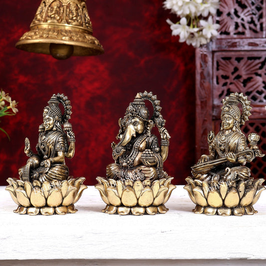 Brass Superfine Ganesh Lakshmi Saraswati Idols Cross-Legged on Lotus Base 5 inch - Budhshiv.com