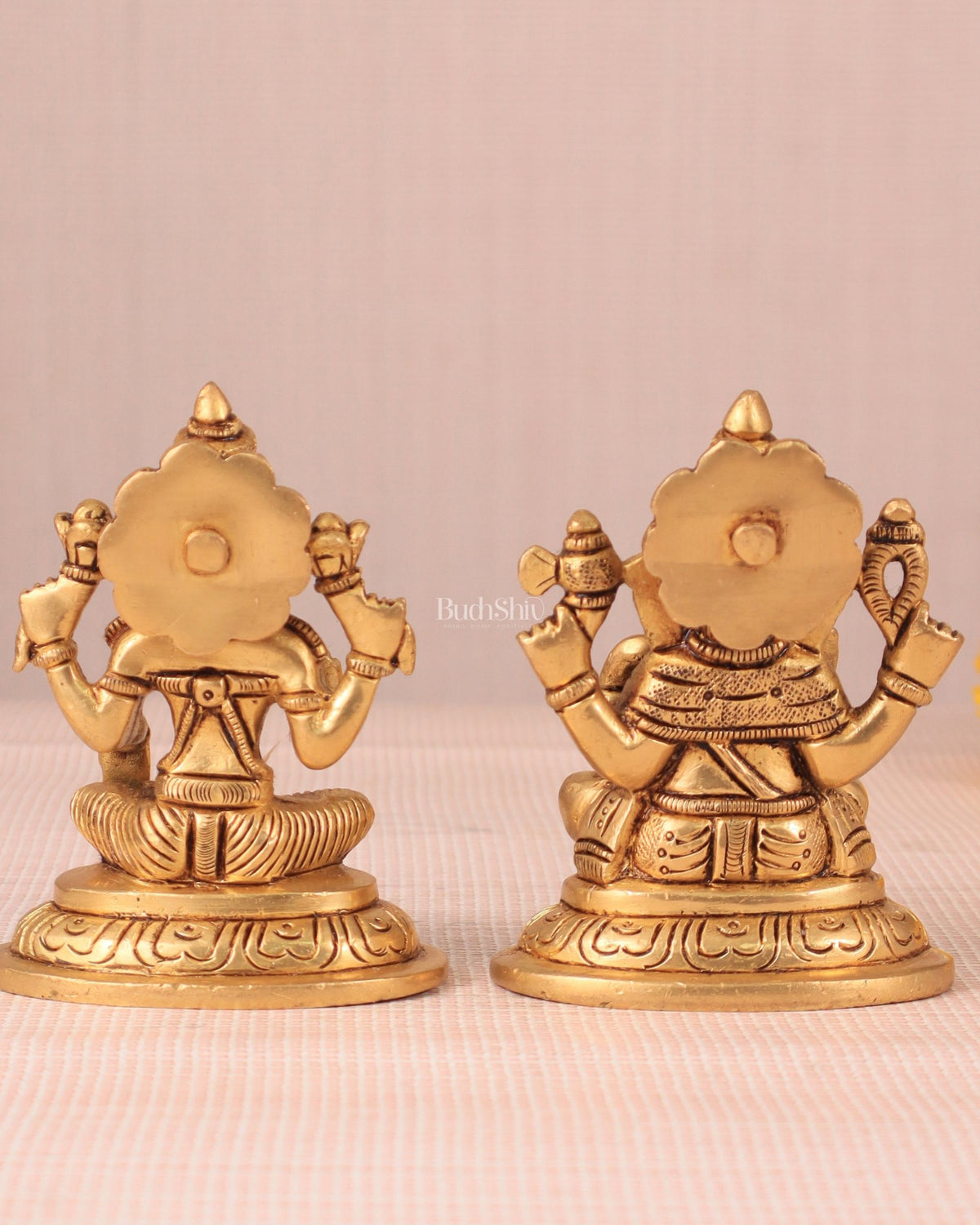 Brass Superfine Ganesha and Lakshmi Idol Pair - 4" - Budhshiv.com