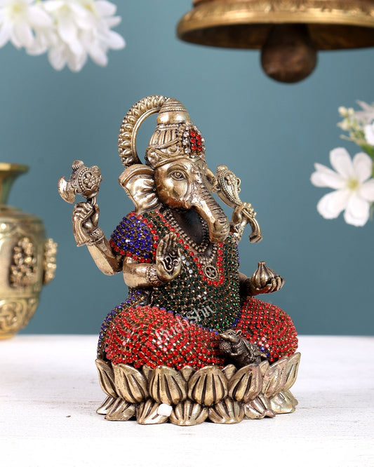 Brass Superfine Ganesha Idol on Lotus Base with Stonework – Decorative Ganesh Murti (5 Inches) - Budhshiv.com