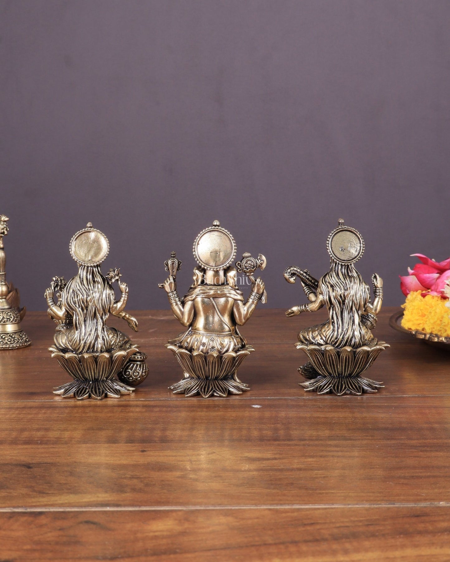 Brass Superfine Ganesha, Lakshmi, and Saraswati Idols Seated on Lotus 4" - Budhshiv.com