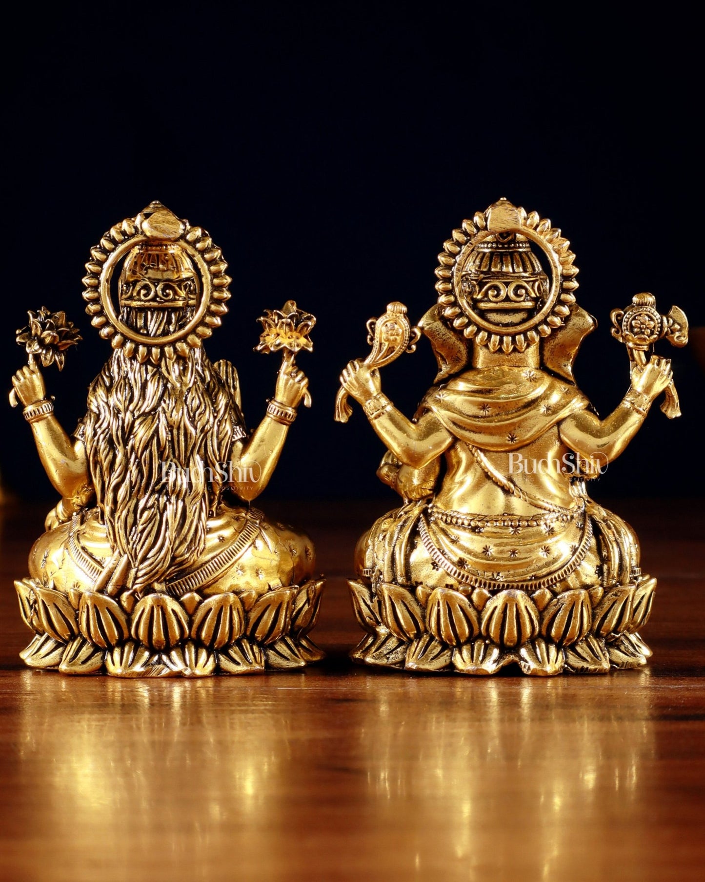 Brass Superfine Ganesha Lakshmi Idols - 4.25" Height | Golden tone - Budhshiv.com