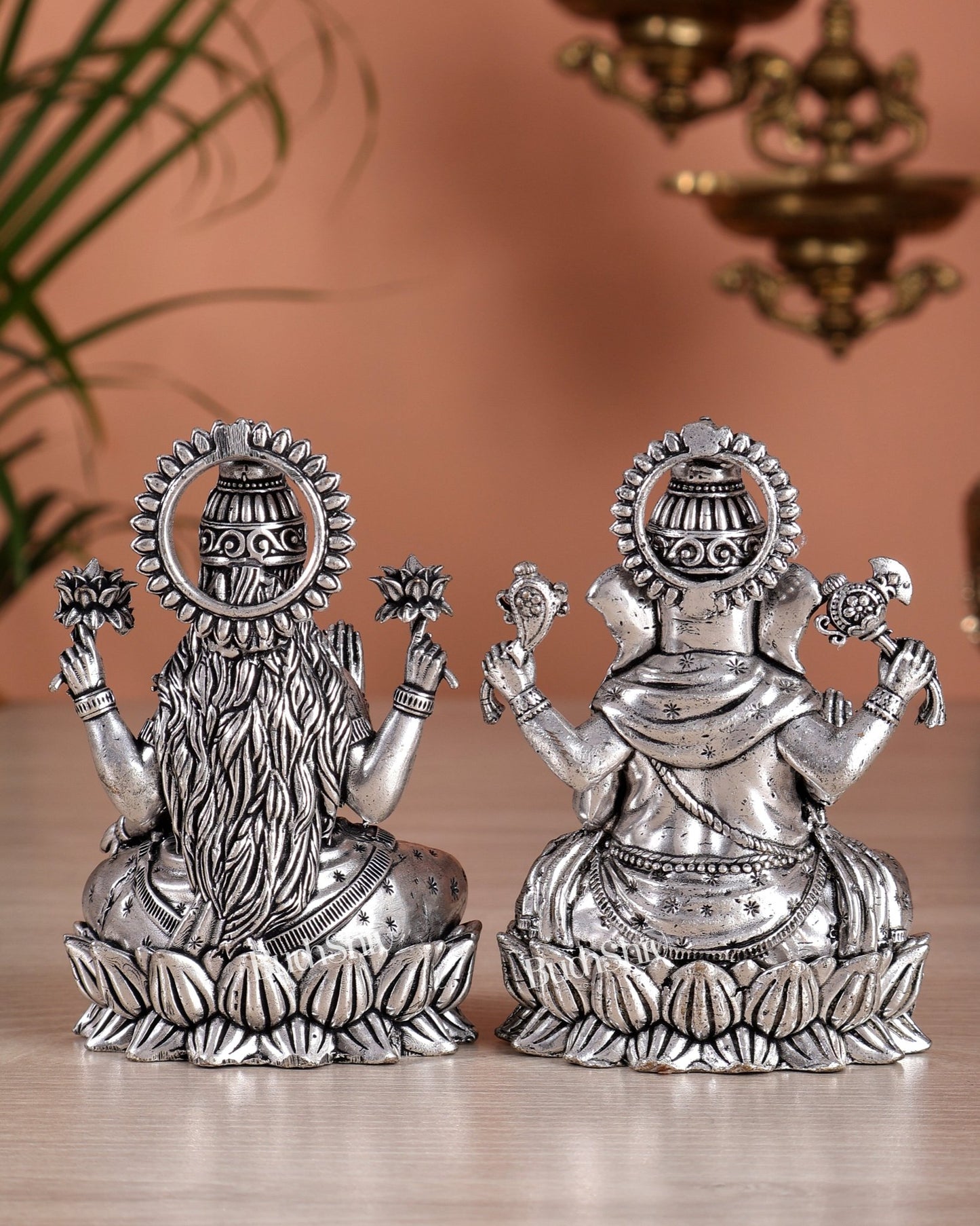 Brass Superfine Ganesha Lakshmi Idols - 4.25" Height | Silver plated - Budhshiv.com