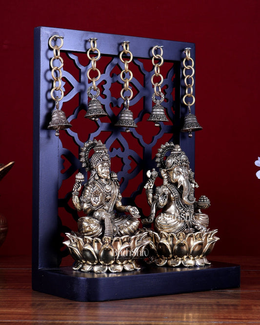 Brass Superfine Ganesha–Lakshmi on Lotus with Hanging Bells – MDF Temple Frame 12 inch - Budhshiv.com