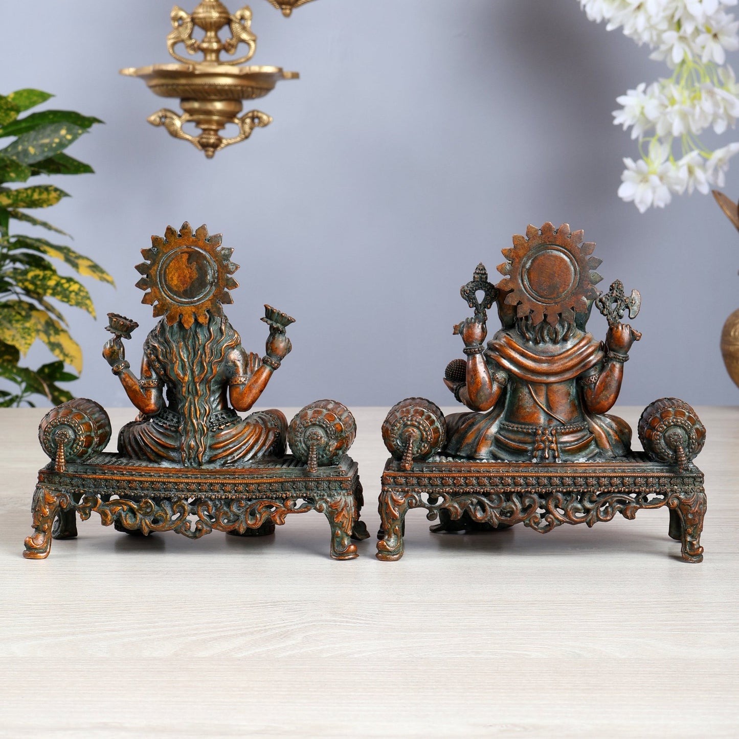 Brass Superfine Ganesha, lakshmi on thrones idols 4 and 5.5 inch chola bronze tone - Budhshiv.com
