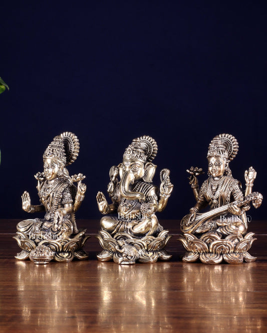 Brass Superfine Ganesha Lakshmi Saraswati Idol Set 4" - Budhshiv.com